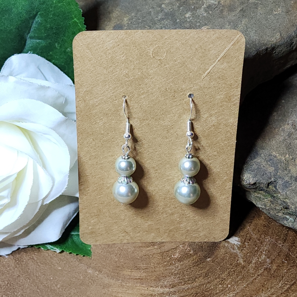 Hand Crafted Dangle Drop Earrings Silvery Faux Pearls And Silver Toned Accents